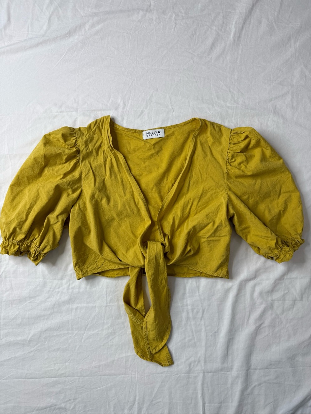 Molly Bracken Yellow Tie Front Puff Sleeve Cotton Top Boho Peplum Blouse xs/s